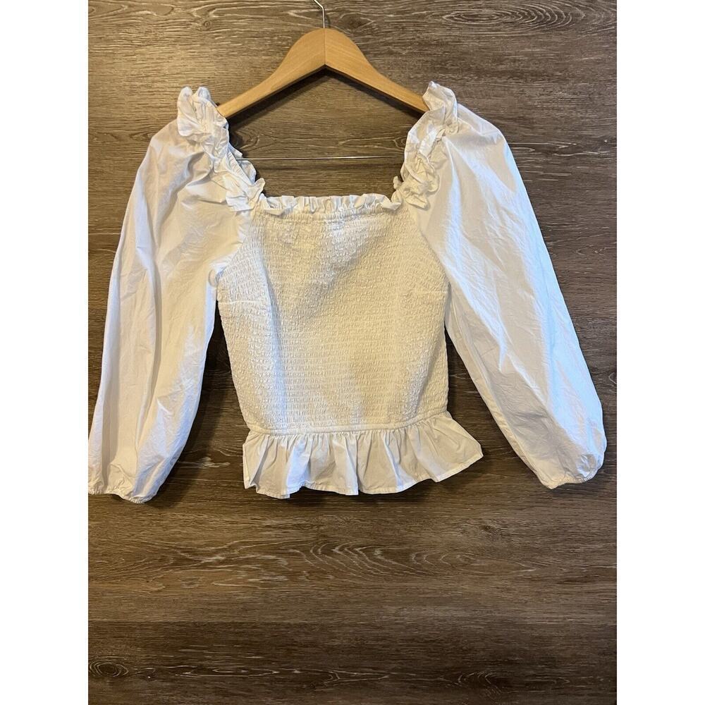 The Drop Top White Crop Shirt Ruffle Form Fit Puff Sleeves Peasant Marisol SMALL